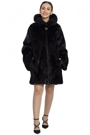 Прямая норковая шуба с капюшоном черного цвета