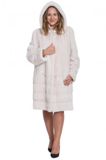 Норковая шуба поперечка белого цвета с капюшоном