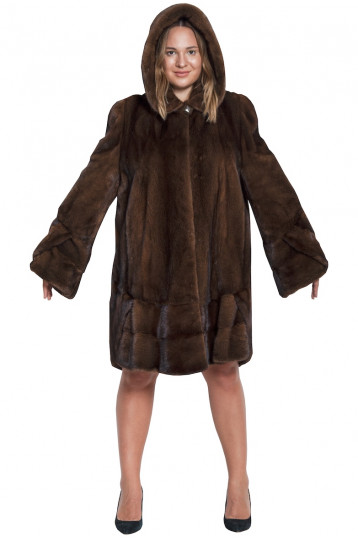 Норковая шуба бабочка с капюшоном в коричневом цвете