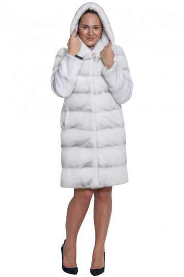 Норковая шуба поперечка с капюшоном в белом цвете