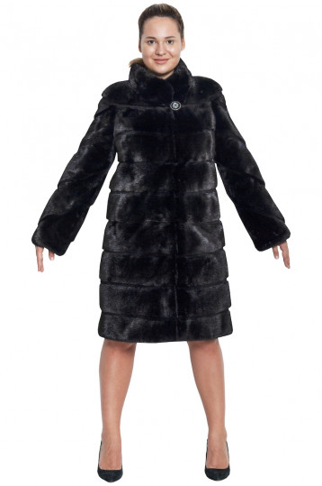 Норковая шуба поперечка с воротником-стойкой в черном цвете Норковая шуба поперечка с воротником-стойкой в черном цвете