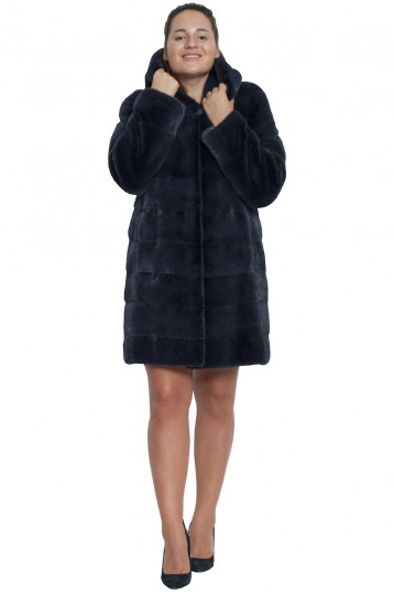 Норковая шуба поперечка с капюшоном в синем цвете Норковая шуба поперечка с капюшоном в синем цвете