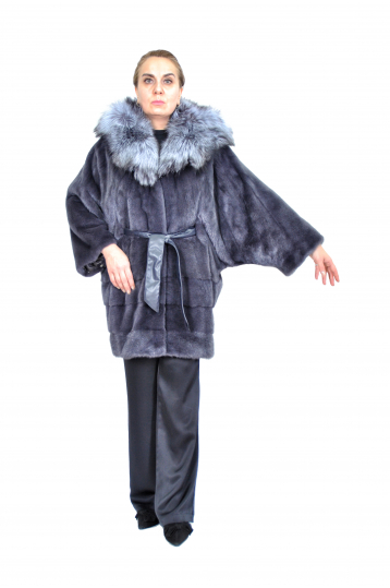 Норковая шуба, цвета графит, кимоно с капюшоном