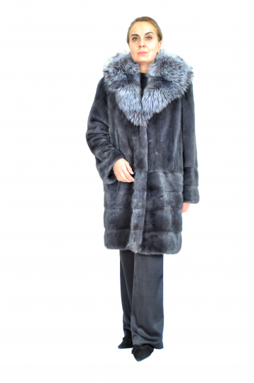 Шуба из норки цвет графит, Москвичка, с капюшоном из чернобурки