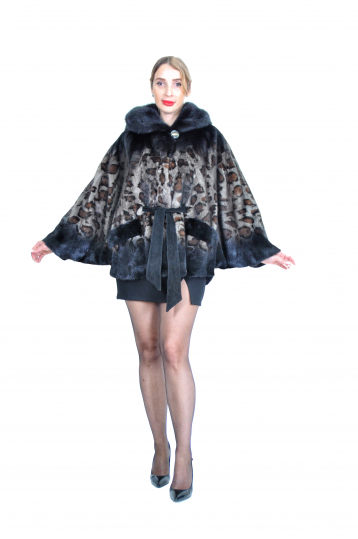 Норковая шуба с капюшоном-леопард, махагон, Летучая мышь. 