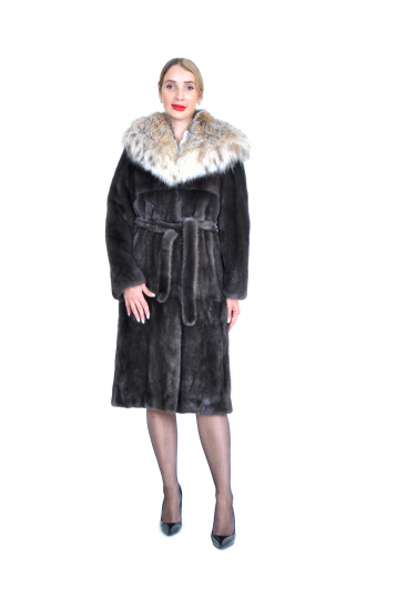 Норковая шуба Френч, капюшон с отделкой рысь