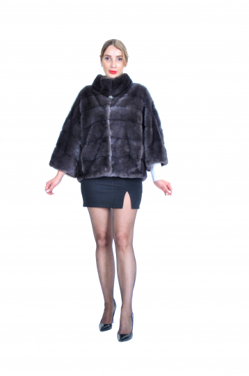 Норковая шуба, цвет уголь, Кимоно с воротником - стойка