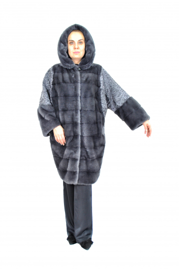 Норковая шуба, цвет графит, Летучая мышь. Капюшон с каракулем