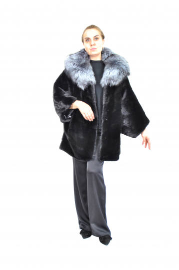 Норковая шуба, цвет черный, Летучая мышь с капюшон и отделкой чернобурка