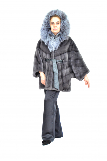 Норковая шуба, графит, Летучая мышь с капюшоном чернобурка