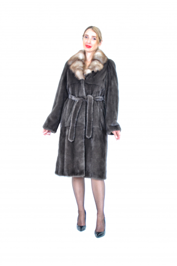 Норковая шуба, цвет уголь, Френч с английским воротником и отделкой куница