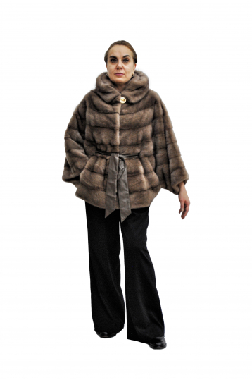 Норковая шуба, цвет бежевый, Летучая мышь с капюшоном