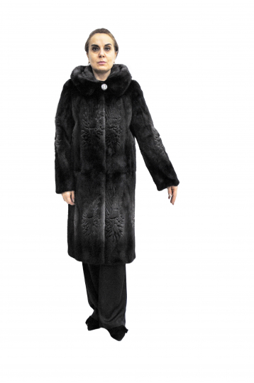 Норковая шуба, цвет графит, меховое пальто – трафарет с капюшоном