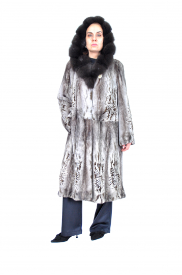 Норковая шуба, цвет серый, меховое пальто – трафарет с капюшоном и отделкой куница