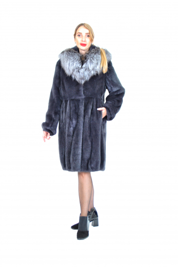 Норковая шуба, цвет графит, Балон с капюшоном и отделкой чернобурка