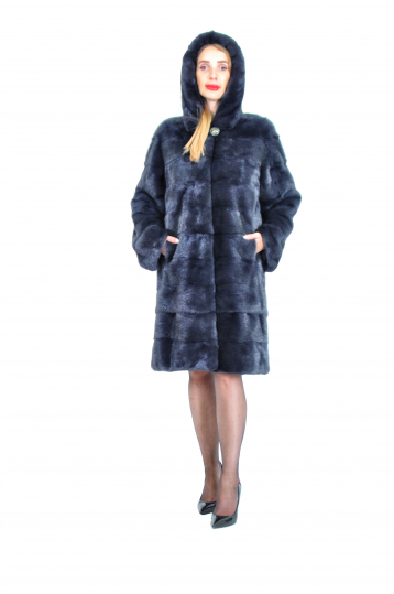 Графитовая шуба из норки поперечка-транс с капюшоном