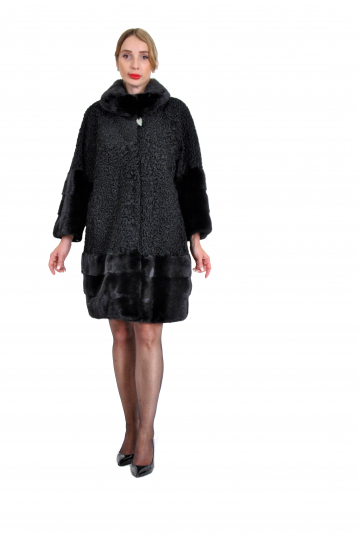 Черная шуба из норки, Балон с воротником-стойкой