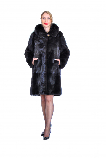 Шуба из норки цвета Махагон, Поперечка с капюшоном Шуба из норки цвета Махагон, Поперечка с капюшоном