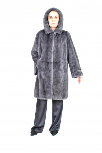 Норковая шуба, цвет графит,  махагон, пудра, серый, черный, Пластины, с капюшоном