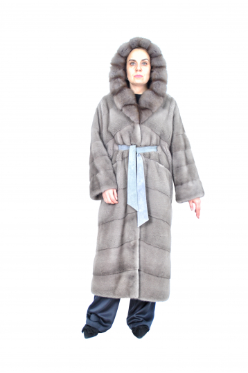 Норковая шуба, цвет серый, меховое Пальто-диагональ с капюшоном и отделкой куница