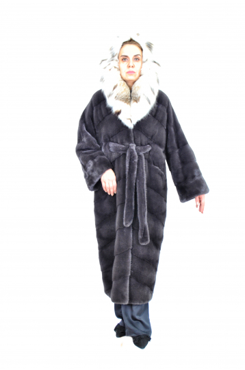 Норковая шуба, цвет уголь, меховое Пальто-диагональ с капюшоном и отделкой рысь