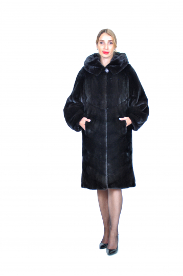 Норковая шуба, цвет черный,  махагон, пудра, серый, графит, Балон с капюшоном