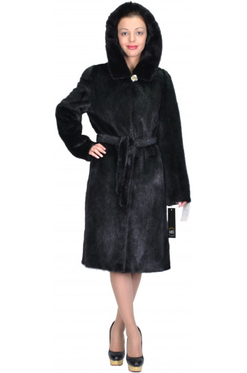 Черная норковая шуба кроя халат с капюшоном