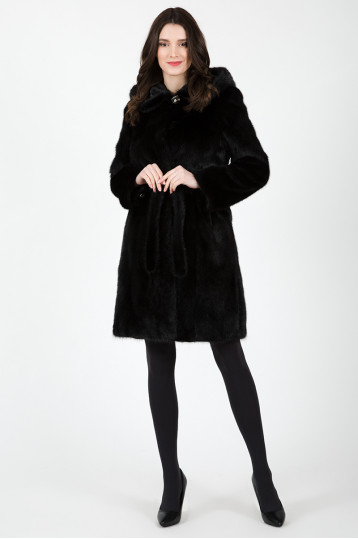 Норковая черная шуба с капюшоном