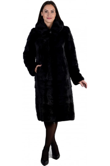 Черная норковая шуба с капюшоном и карманами