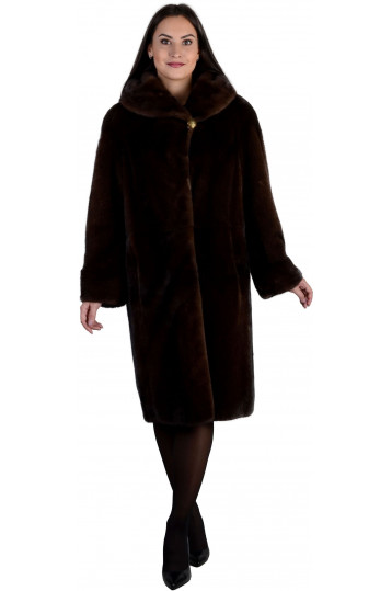 Норковая шуба оттенка махагон с капюшоном и карманами